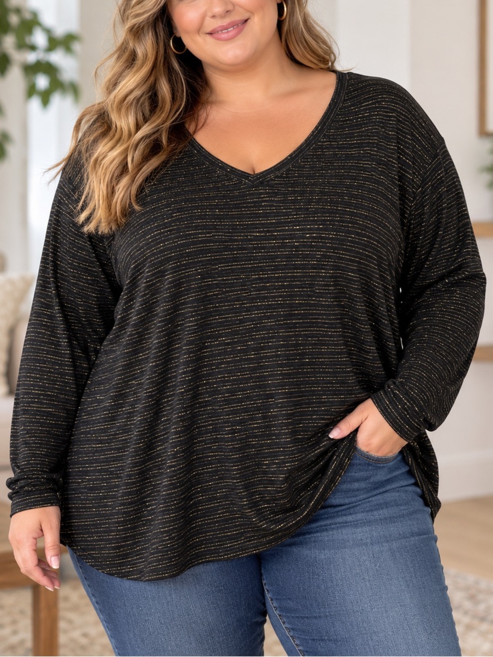 Sonoma Goods For Life Women’s 4X Black Metallic Stripe V-Neck Long Sleeve Tee